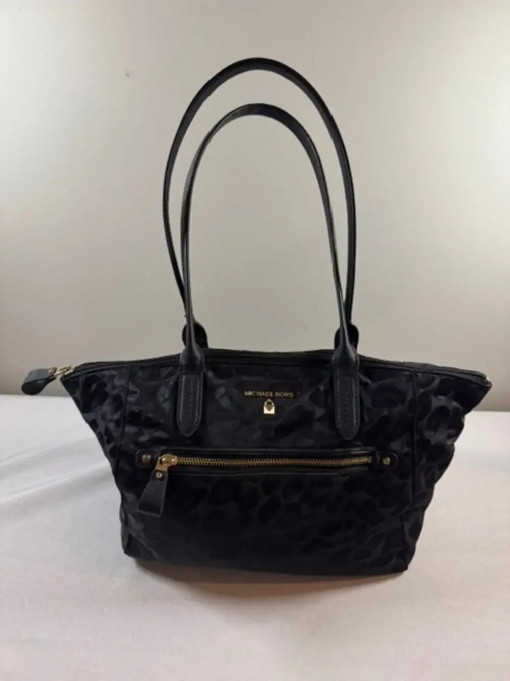 Michael Kors Kelsey Medium Black Leopard Nylon Tote Bag Gold Hardware